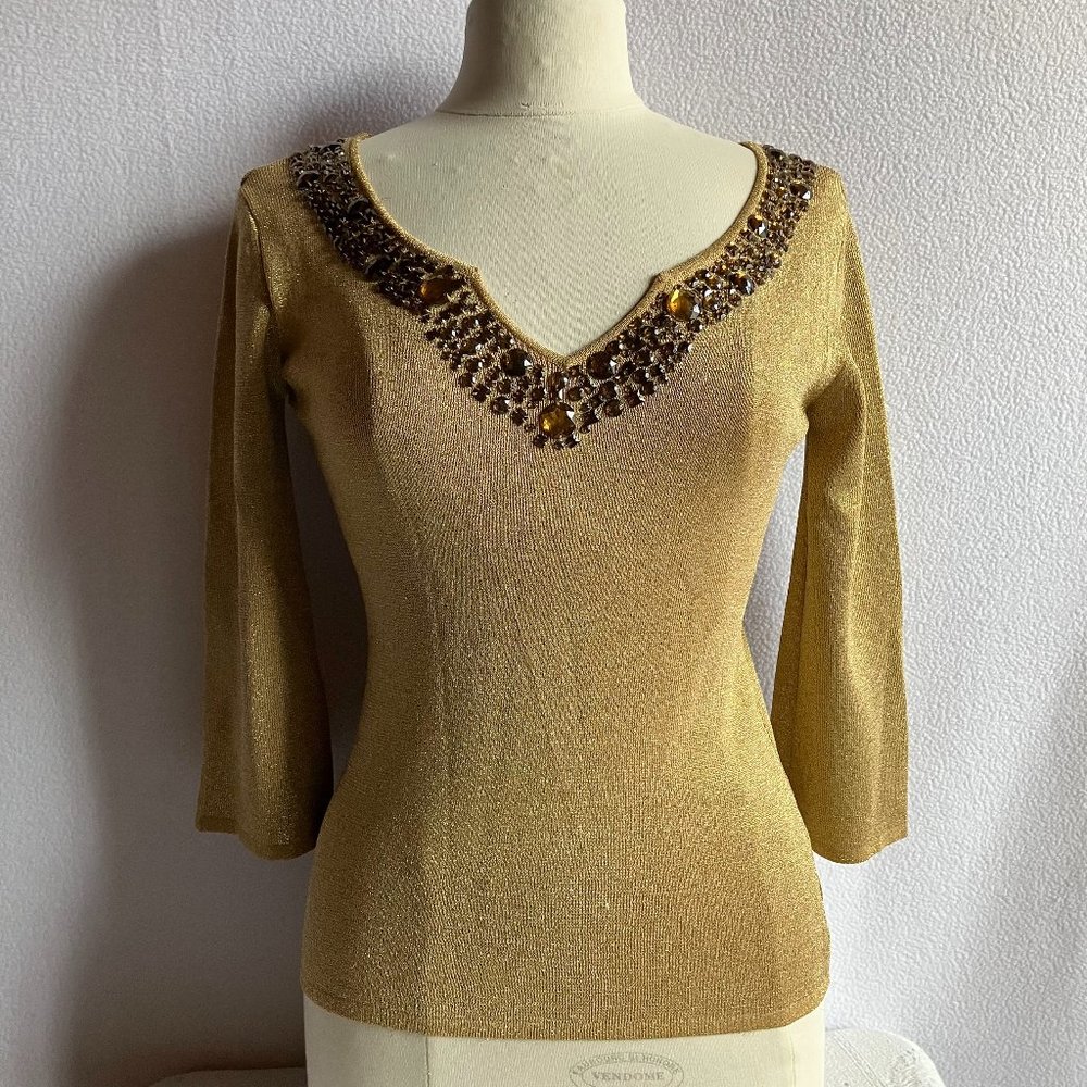 Gold Bejeweled Glittery Sweater Top 3/4 Sleeves